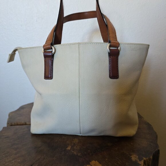 Fossil Pebbled Leather Tote Bag Cream Tan Zip Top Purse - Picture 12 of 16